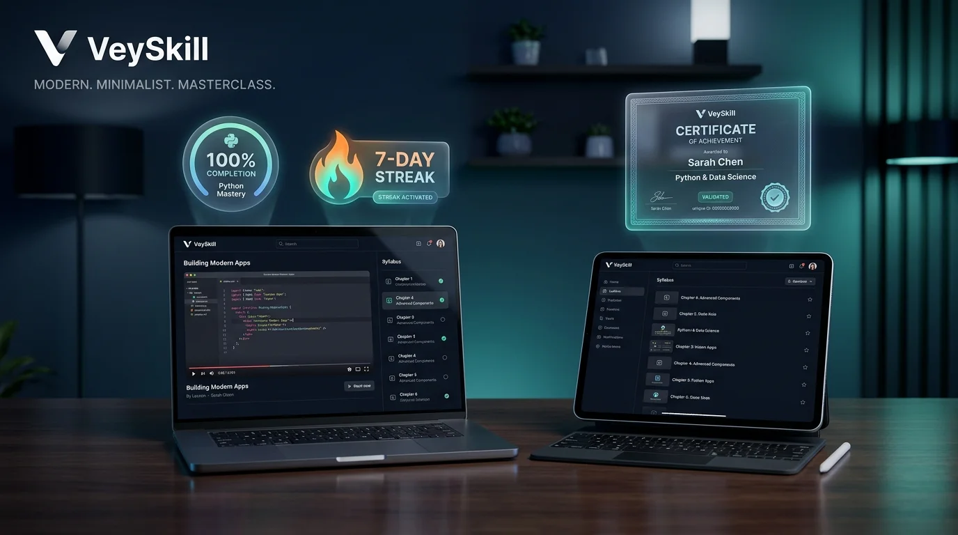 VeySkill Application Showcase Banner — Distraction-Free Video Learning with 7-Day Streaks and Verified Credentials